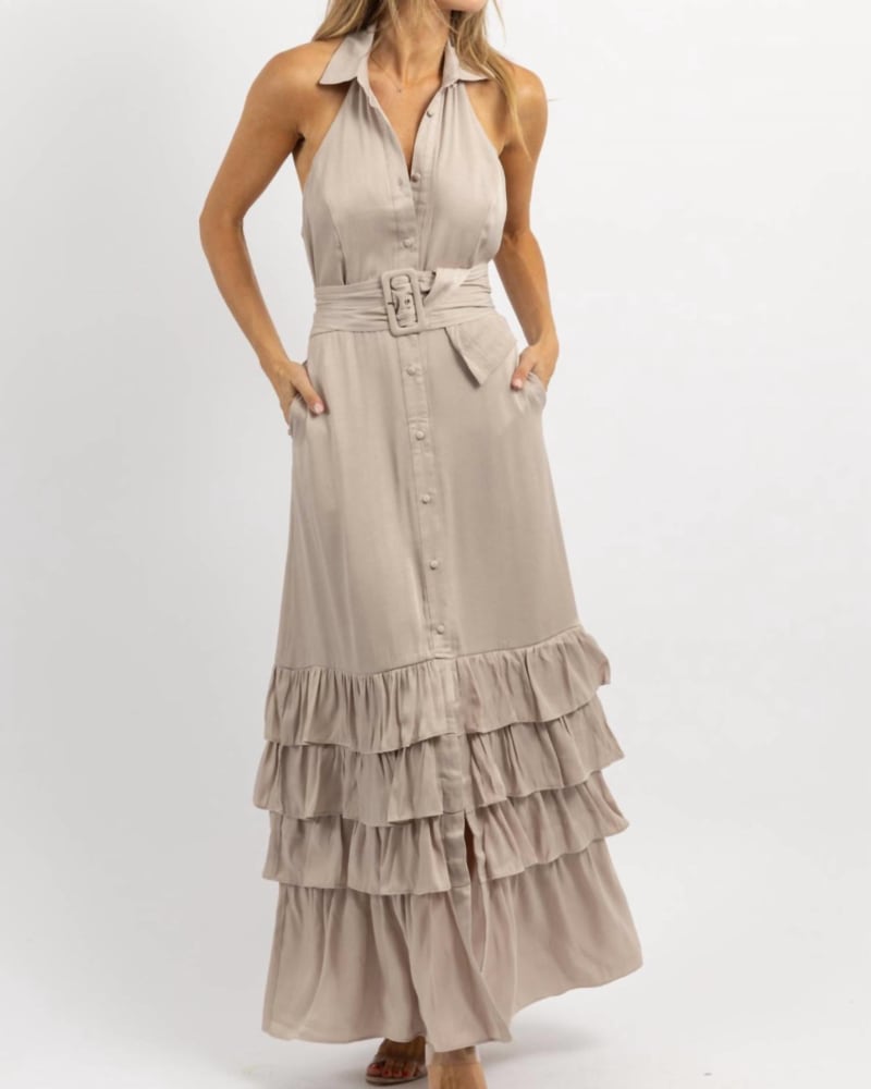 Front of a model wearing a size L Eleanor Belted Maxi Dress In Beige in Beige by Mulla. | dia_product_style_image_id:350870